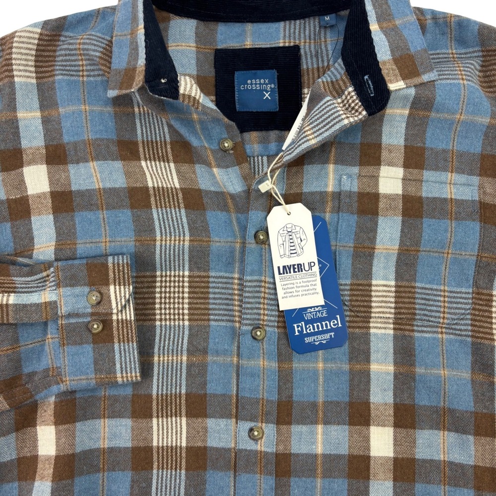 NEW‎ Essex Crossing Men Medium Flannel Shirt Blue Brown Plaid Supersoft Casual